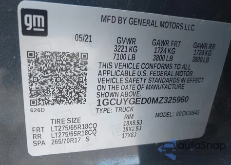 2021 Chevrolet Silverado 1500 4Wd Short Bed Ltz z USA, uszkodzony, nr VIN 1GCUYGED0MZ325960